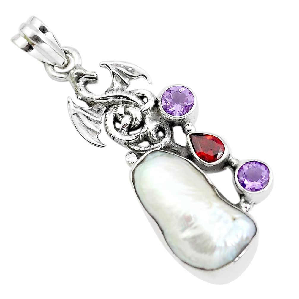 18.66cts natural white biwa pearl amethyst 925 silver dragon pendant p38903