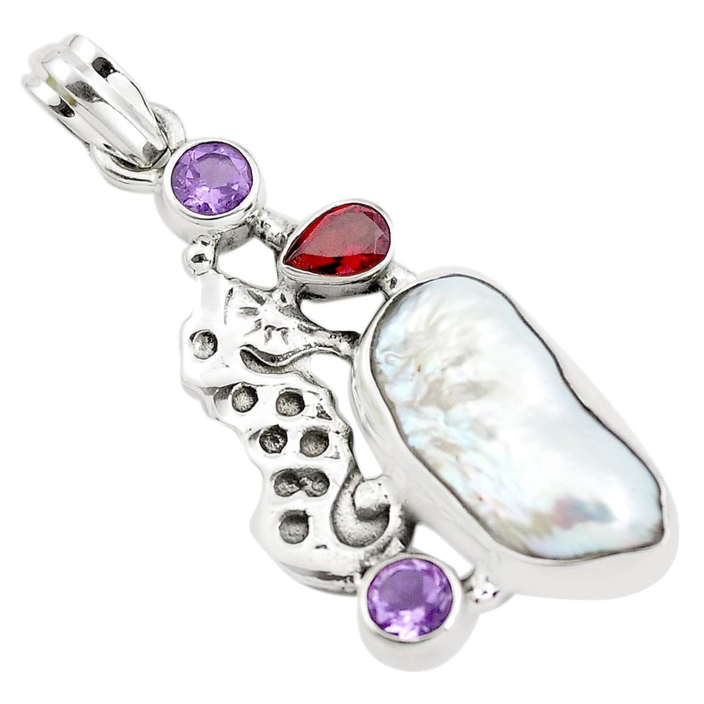 15.16cts natural white biwa pearl amethyst 925 silver seahorse pendant p38905