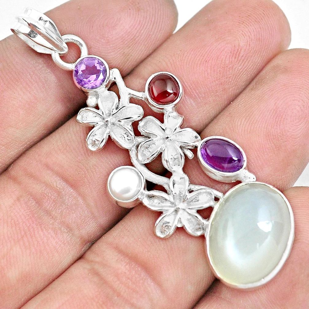 16.00cts natural white ceylon moonstone garnet 925 silver flower pendant d30998