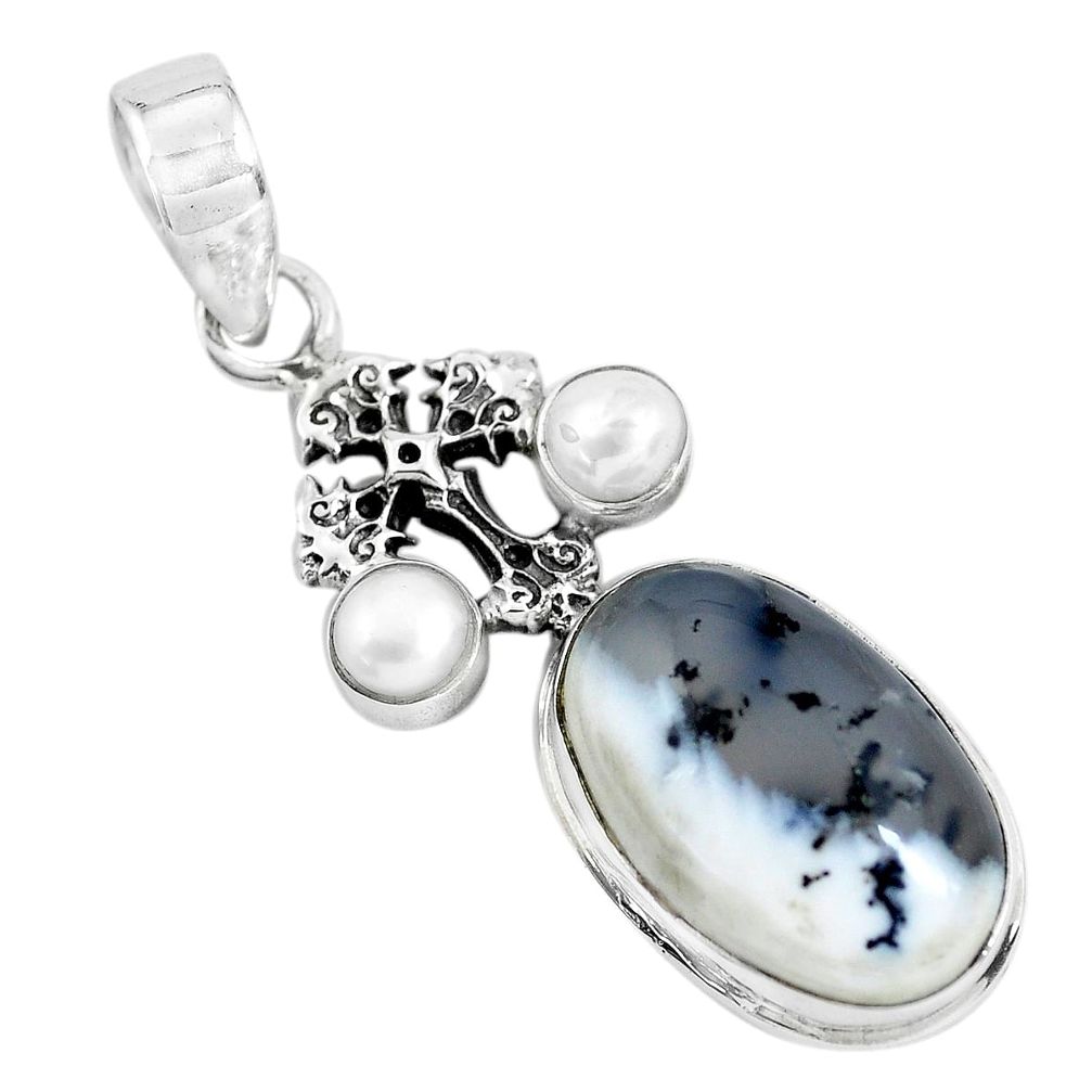 14.88cts natural white dendrite opal (merlinite) 925 silver cross pendant p55263