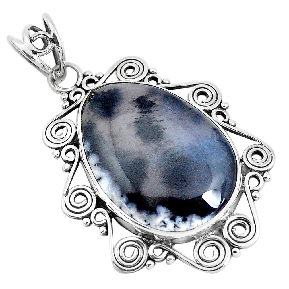 14.47cts natural white dendrite opal (merlinite) 925 silver pendant d31130