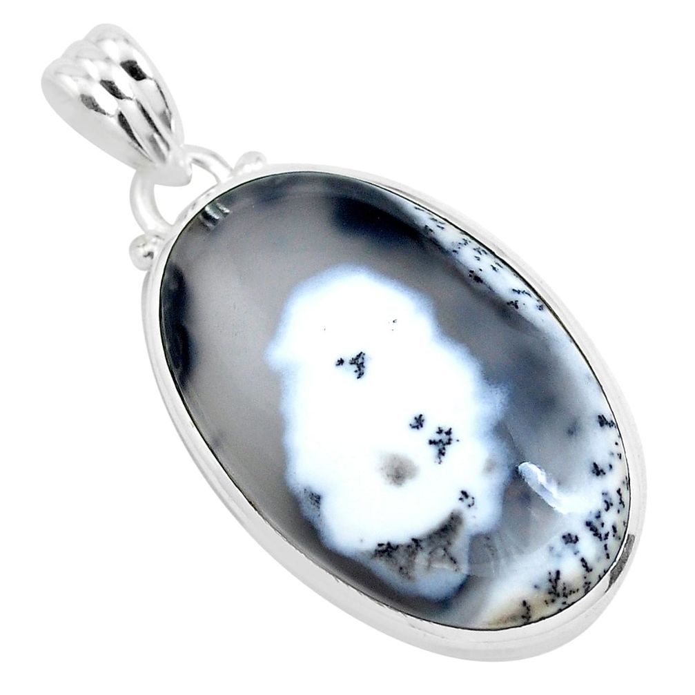 19.72cts natural white dendrite opal (merlinite) 925 silver pendant p40903