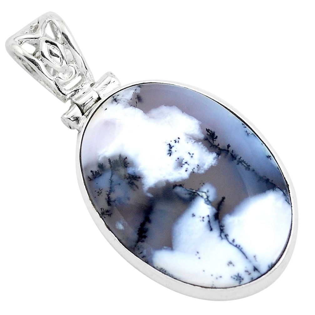 22.59cts natural white dendrite opal (merlinite) 925 silver pendant p40907