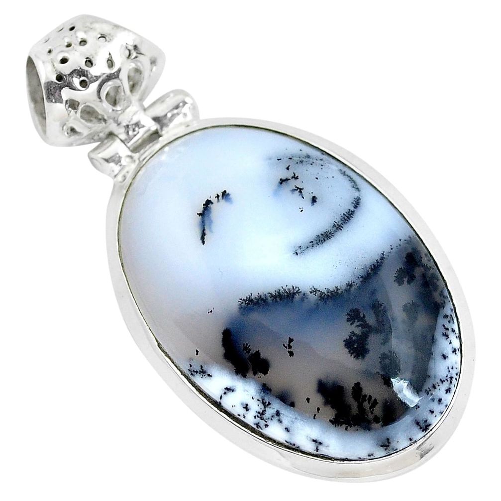 20.51cts natural white dendrite opal (merlinite) 925 silver pendant p40909