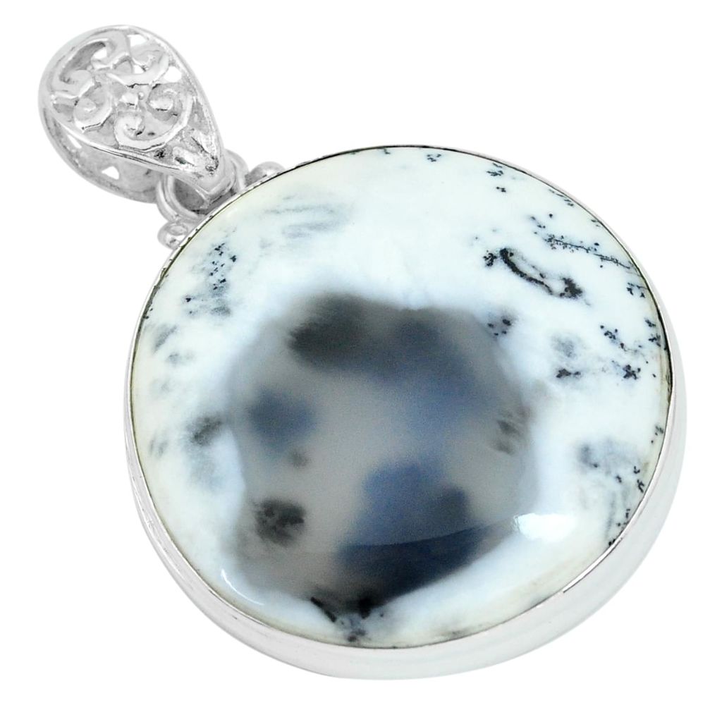 31.53cts natural white dendrite opal (merlinite) 925 silver pendant p66368