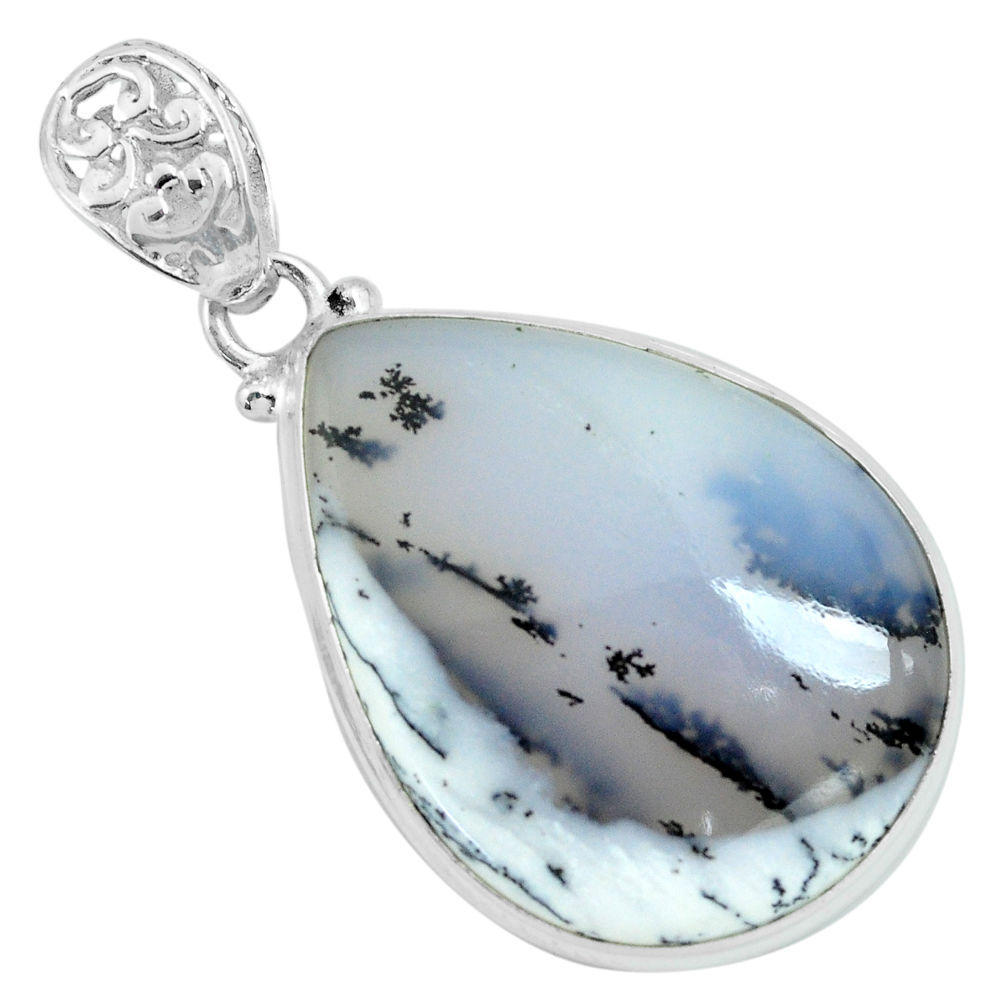 25.00cts natural white dendrite opal (merlinite) 925 silver pendant p66378