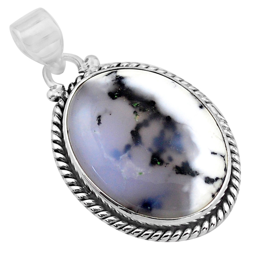 17.07cts natural white dendrite opal (merlinite) 925 silver pendant p85404