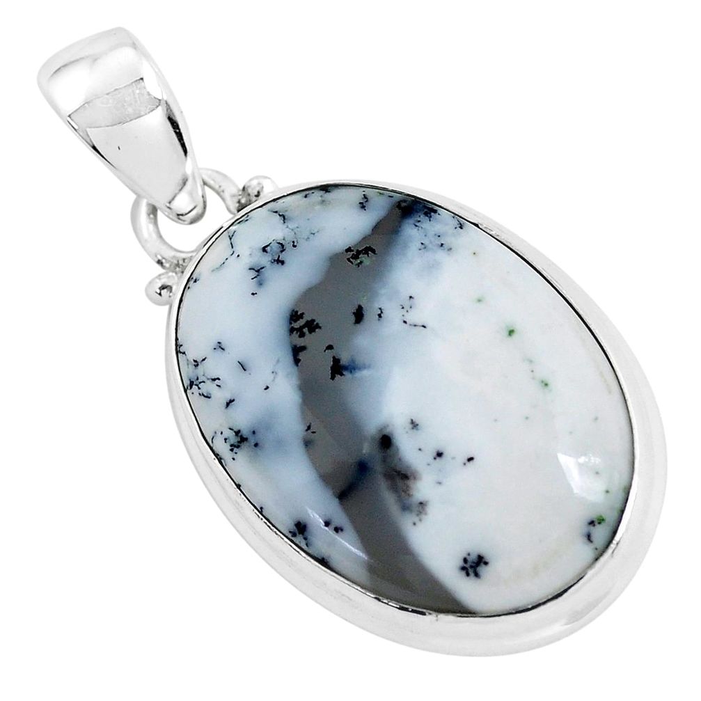 17.57cts natural white dendrite opal (merlinite) oval 925 silver pendant p46229