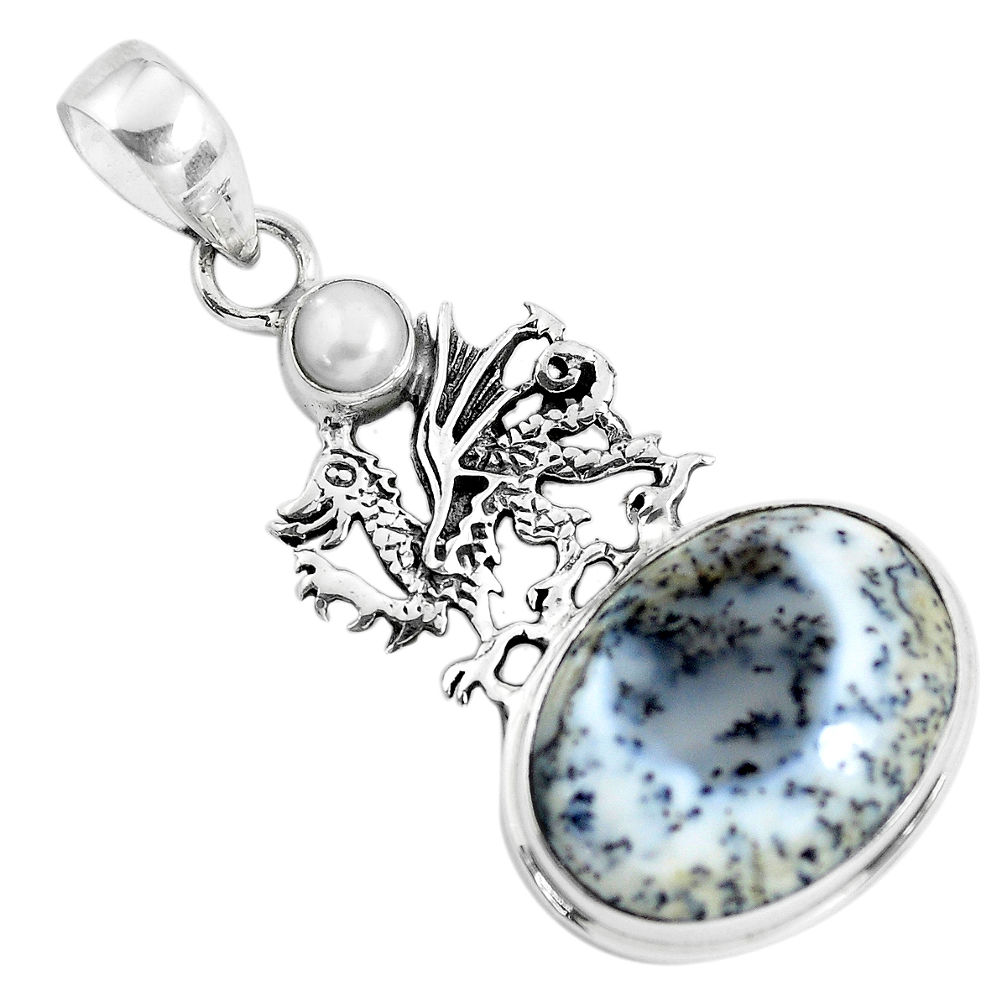16.92cts natural white dendrite opal (merlinite) silver dragon pendant p55269