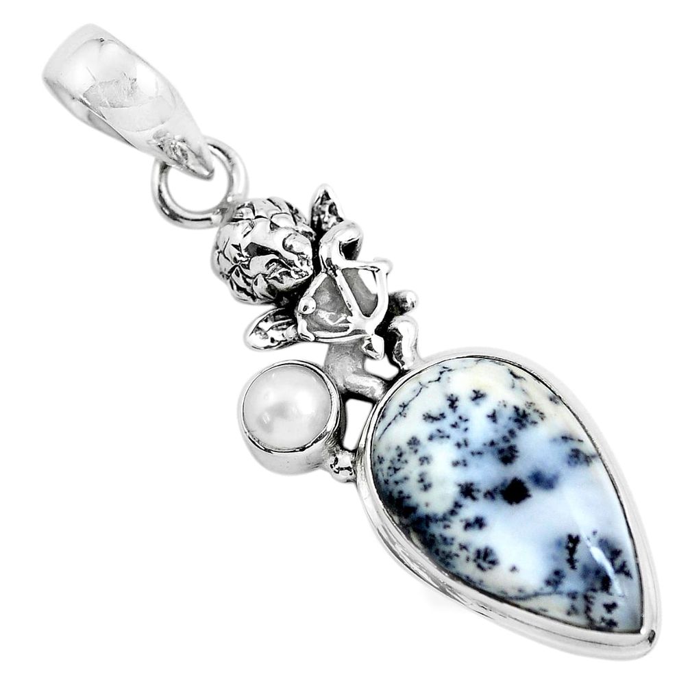 12.48cts natural white dendrite opal 925 silver cupid angel wings pendant p55272