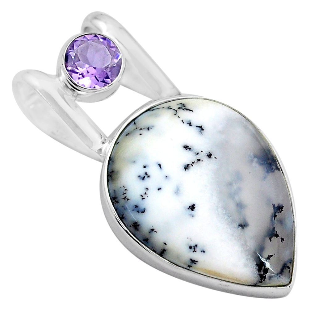 16.70cts natural white dendrite opal amethyst 925 silver pendant jewelry p85430
