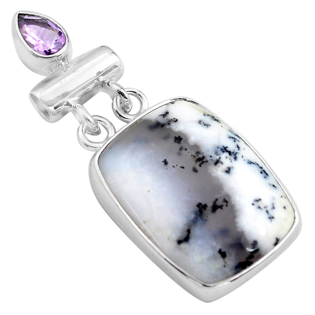 18.70cts natural white dendrite opal amethyst 925 silver pendant jewelry p85434