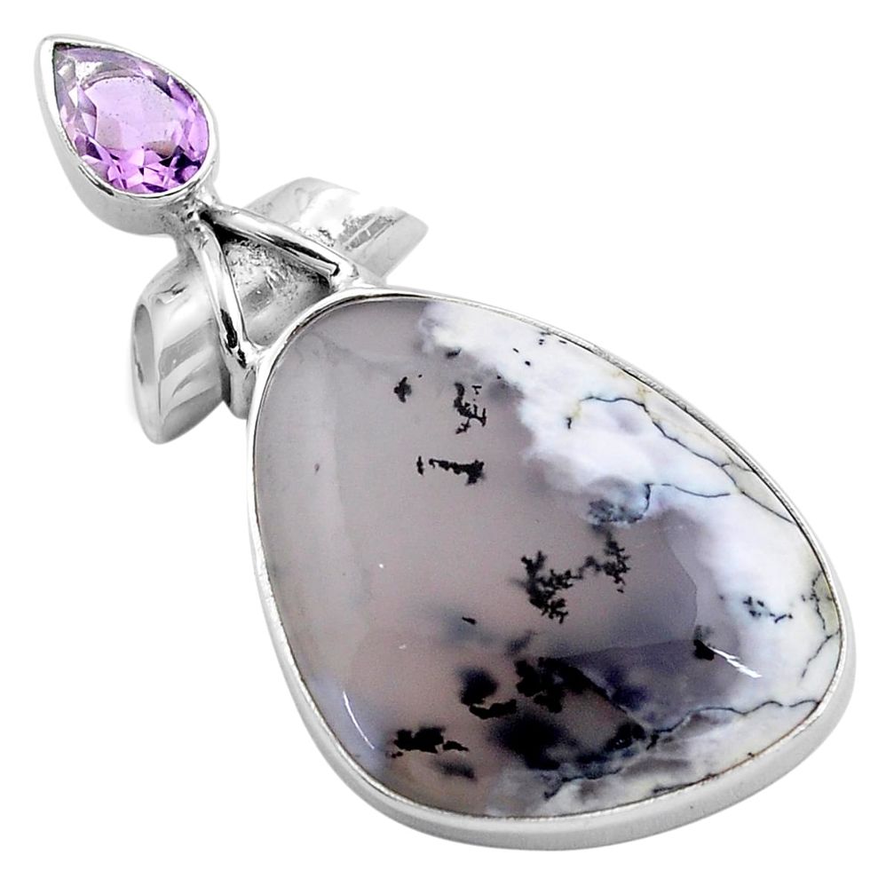 19.72cts natural white dendrite opal amethyst pear 925 silver pendant p85439