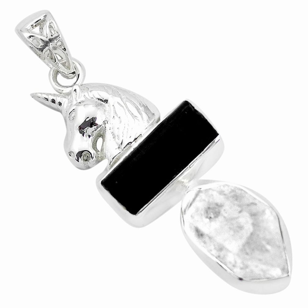 Natural white herkimer diamond tourmaline rough 925 silver horse pendant p35395