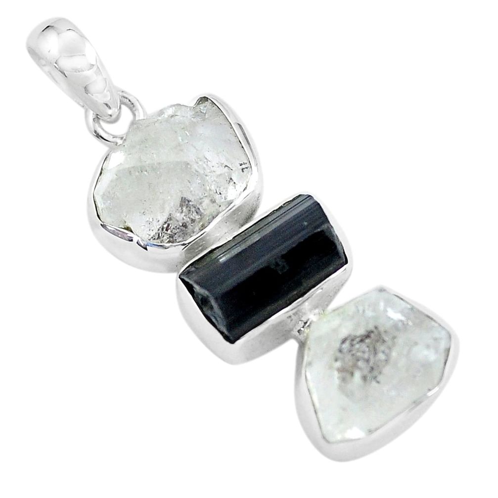 15.55cts natural white herkimer diamond tourmaline rough silver pendant p59196