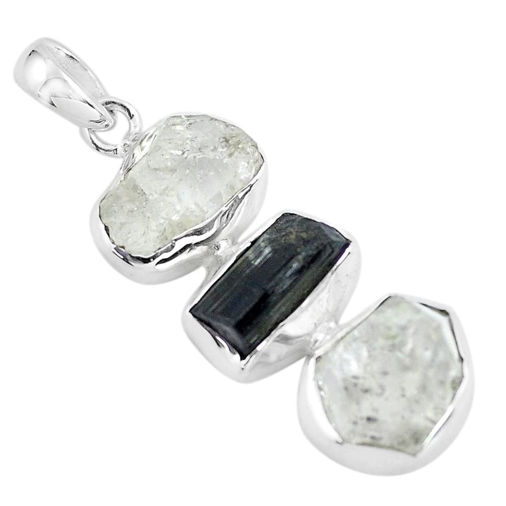 14.45cts natural white herkimer diamond tourmaline rough silver pendant p59197