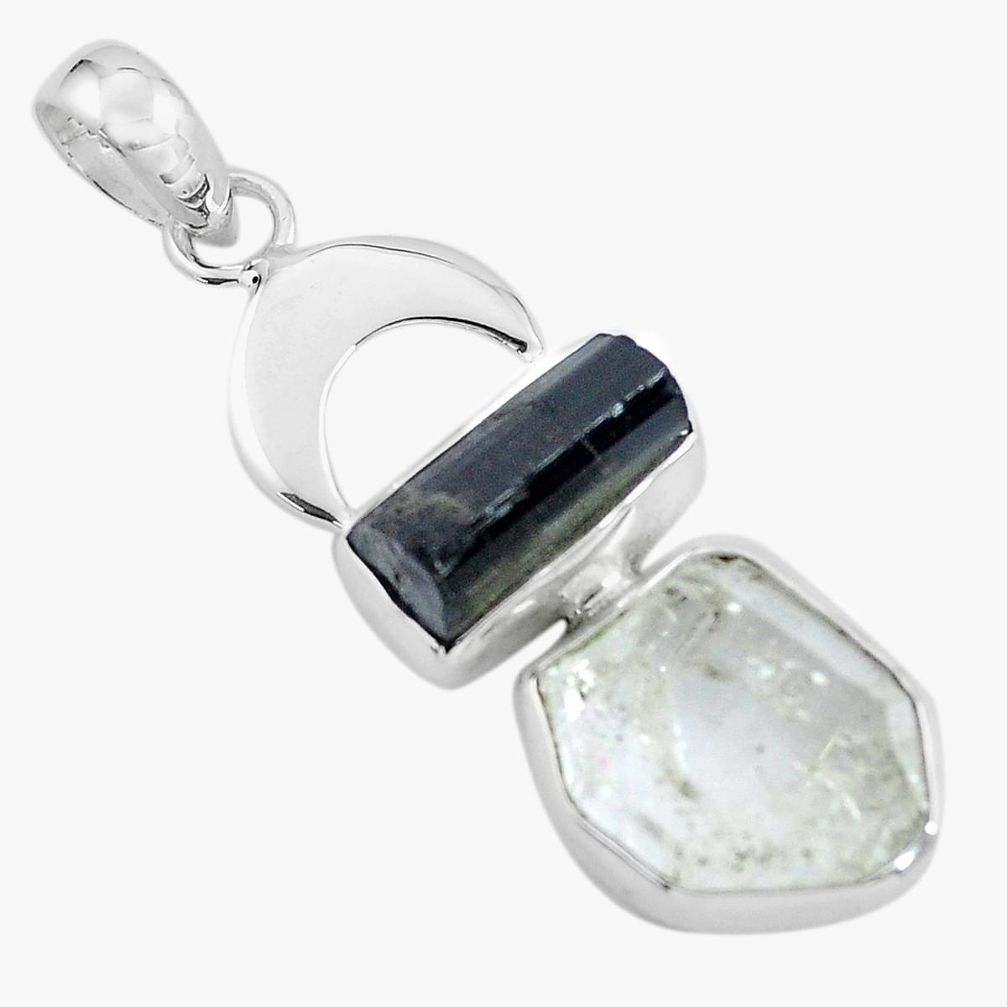 13.27cts natural white herkimer diamond tourmaline rough silver pendant p59198