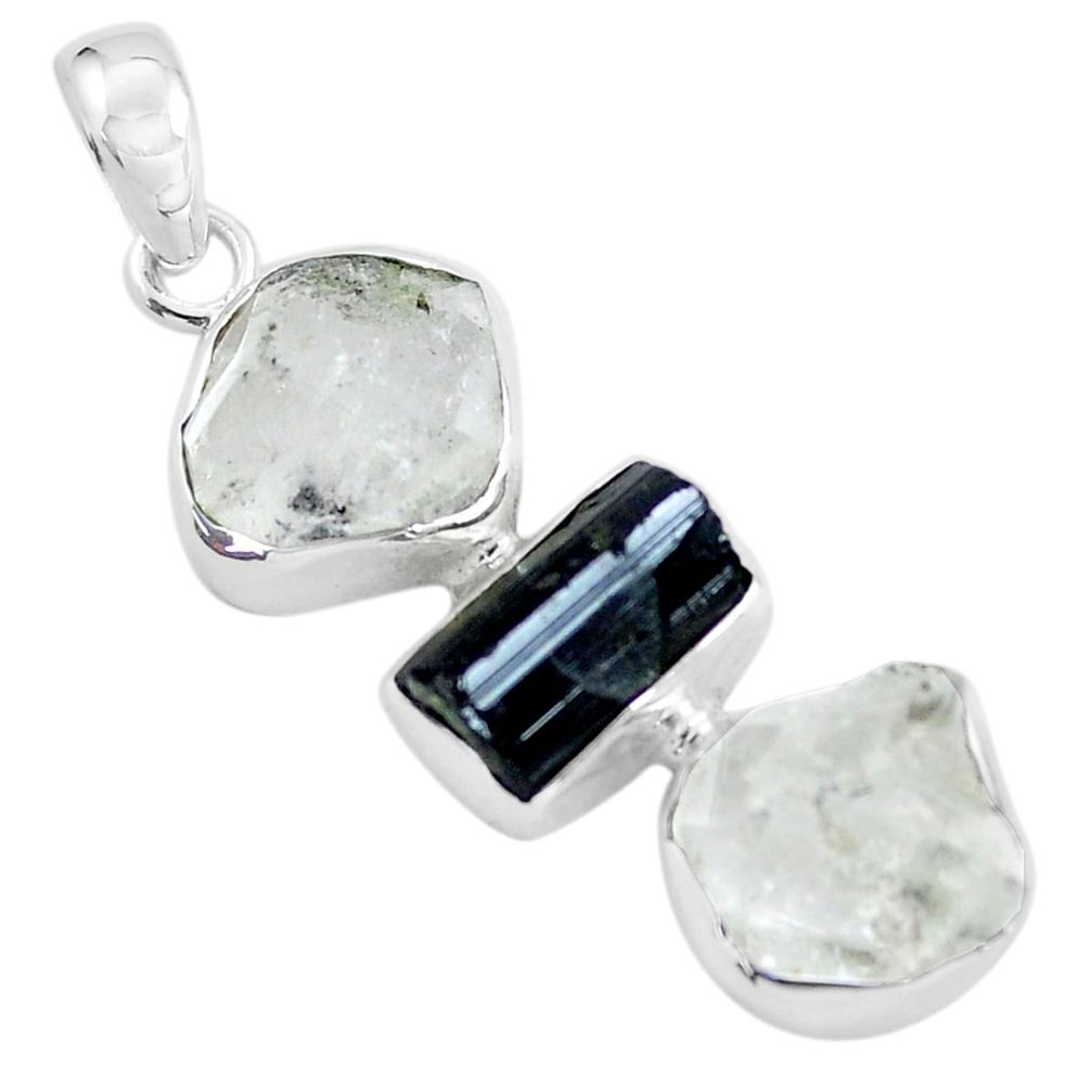 12.10cts natural white herkimer diamond tourmaline rough silver pendant p59199