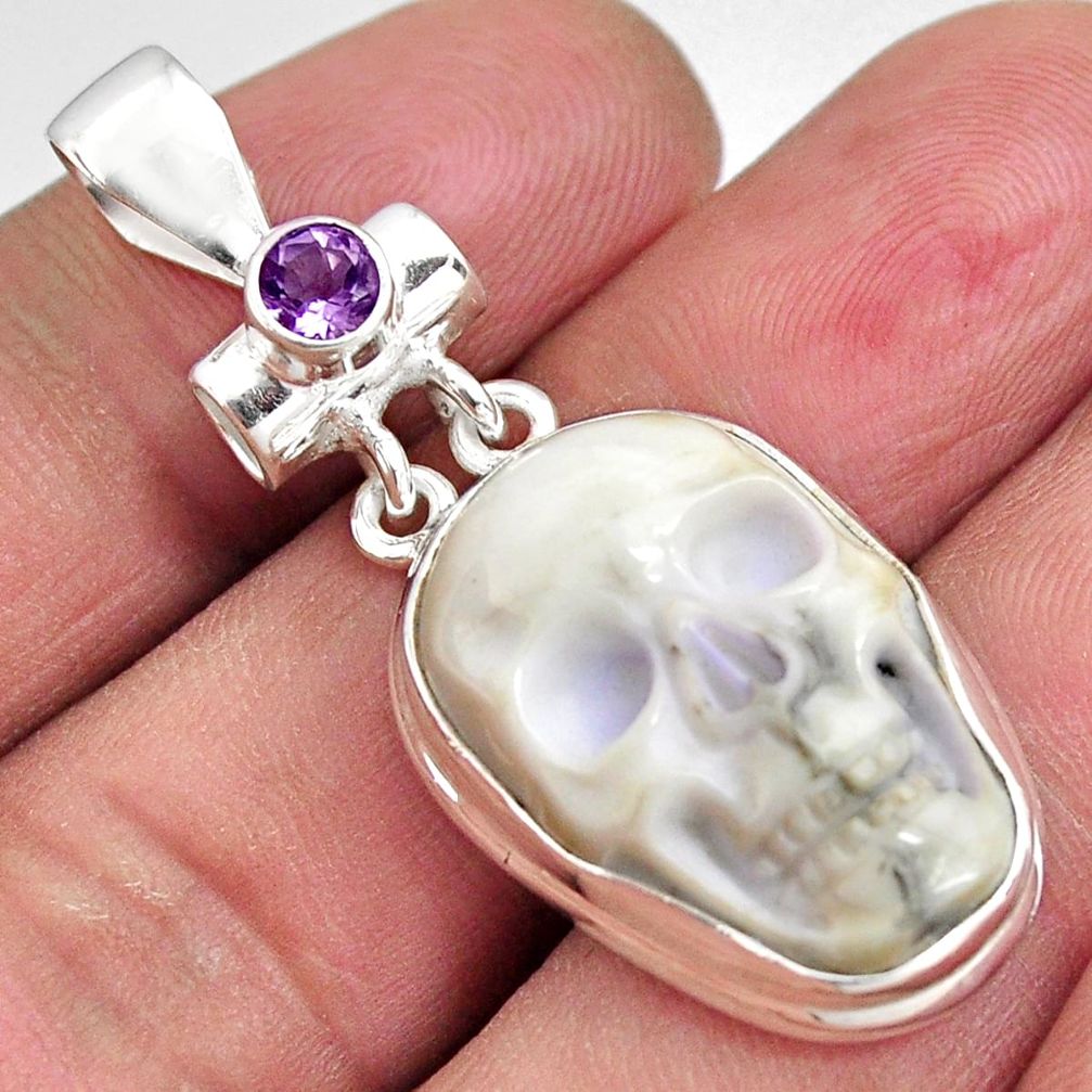 22.87cts natural white howlite amethyst 925 sterling silver skull pendant p90360