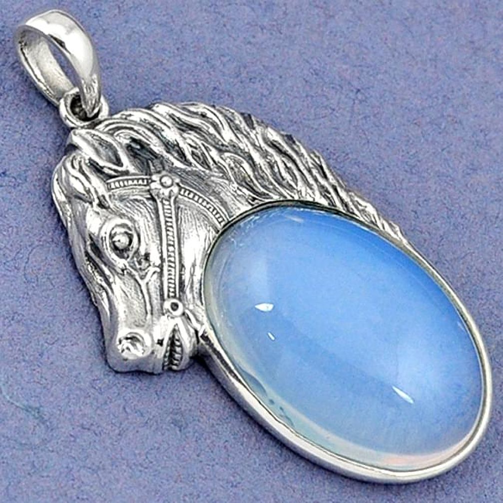 NATURAL WHITE OPALITE 925 STERLING SILVER HORSE FACE PENDANT JEWELRY H30363
