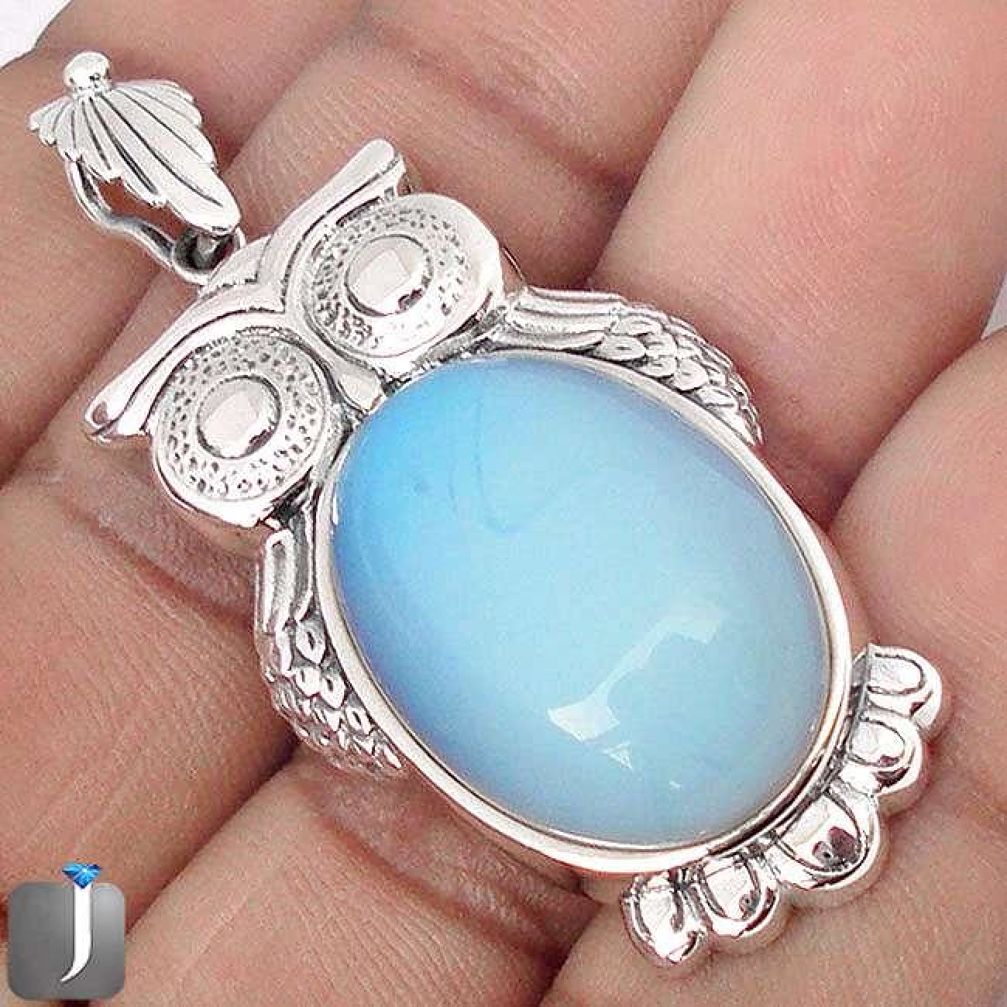 22.19cts NATURAL WHITE OPALITE 925 STERLING SILVER OWL PENDANT JEWELRY G69183