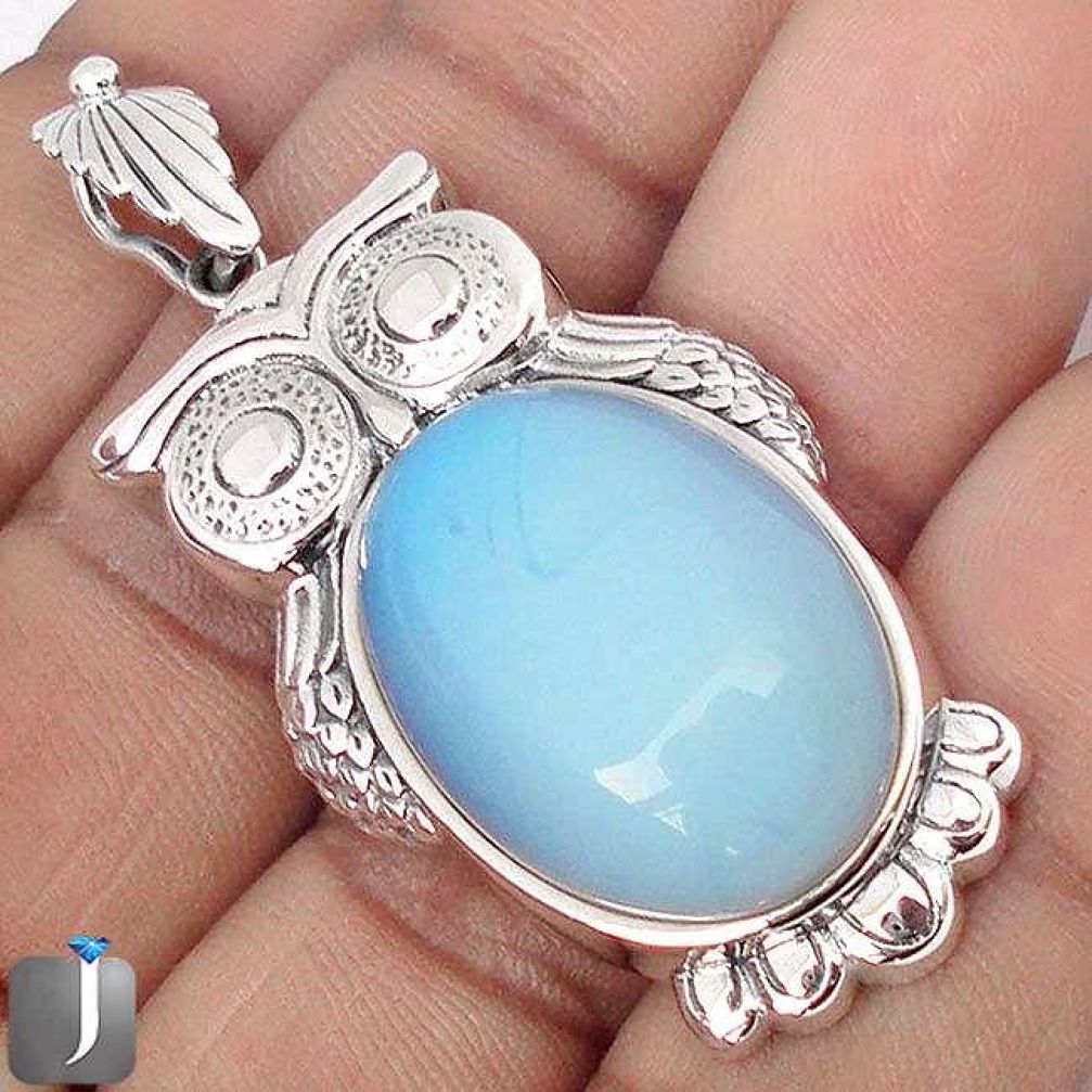 22.50cts NATURAL WHITE OPALITE 925 STERLING SILVER OWL PENDANT JEWELRY G69186