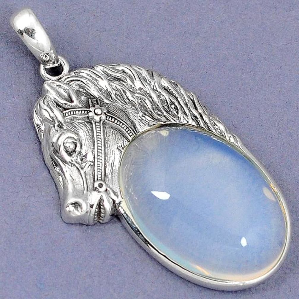 NATURAL WHITE OPALITE OVAL 925 STERLING SILVER HORSE PENDANT JEWELRY H6070