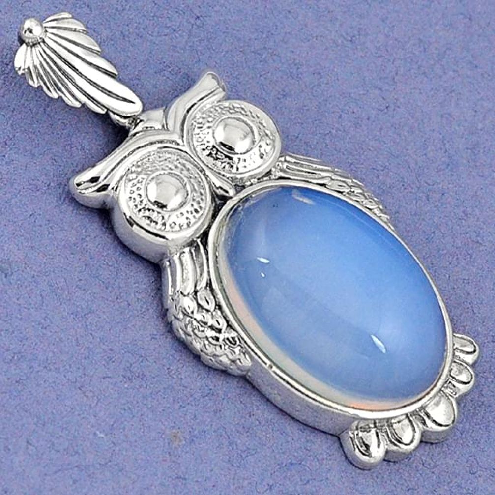 NATURAL WHITE OPALITE OVAL 925 STERLING SILVER OWL CHARM PENDANT JEWELRY H6045