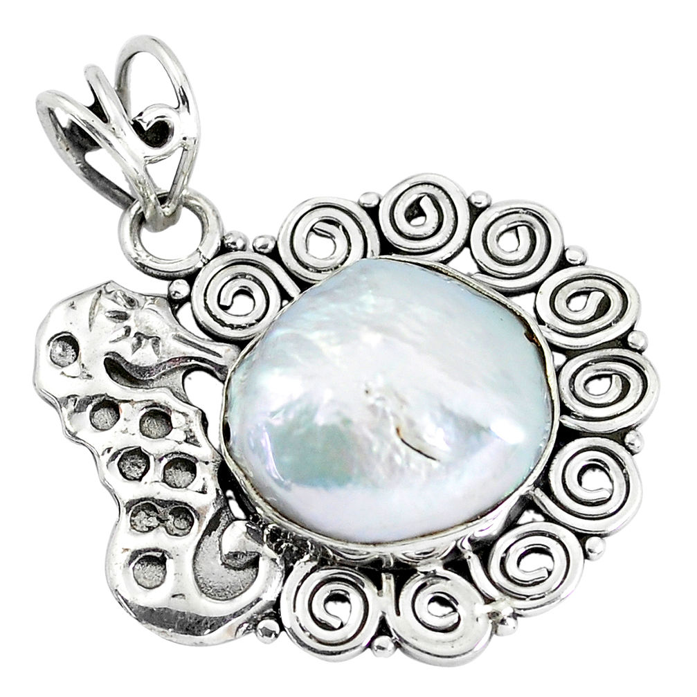 14.12cts natural white pearl 925 sterling silver seahorse pendant jewelry p59717