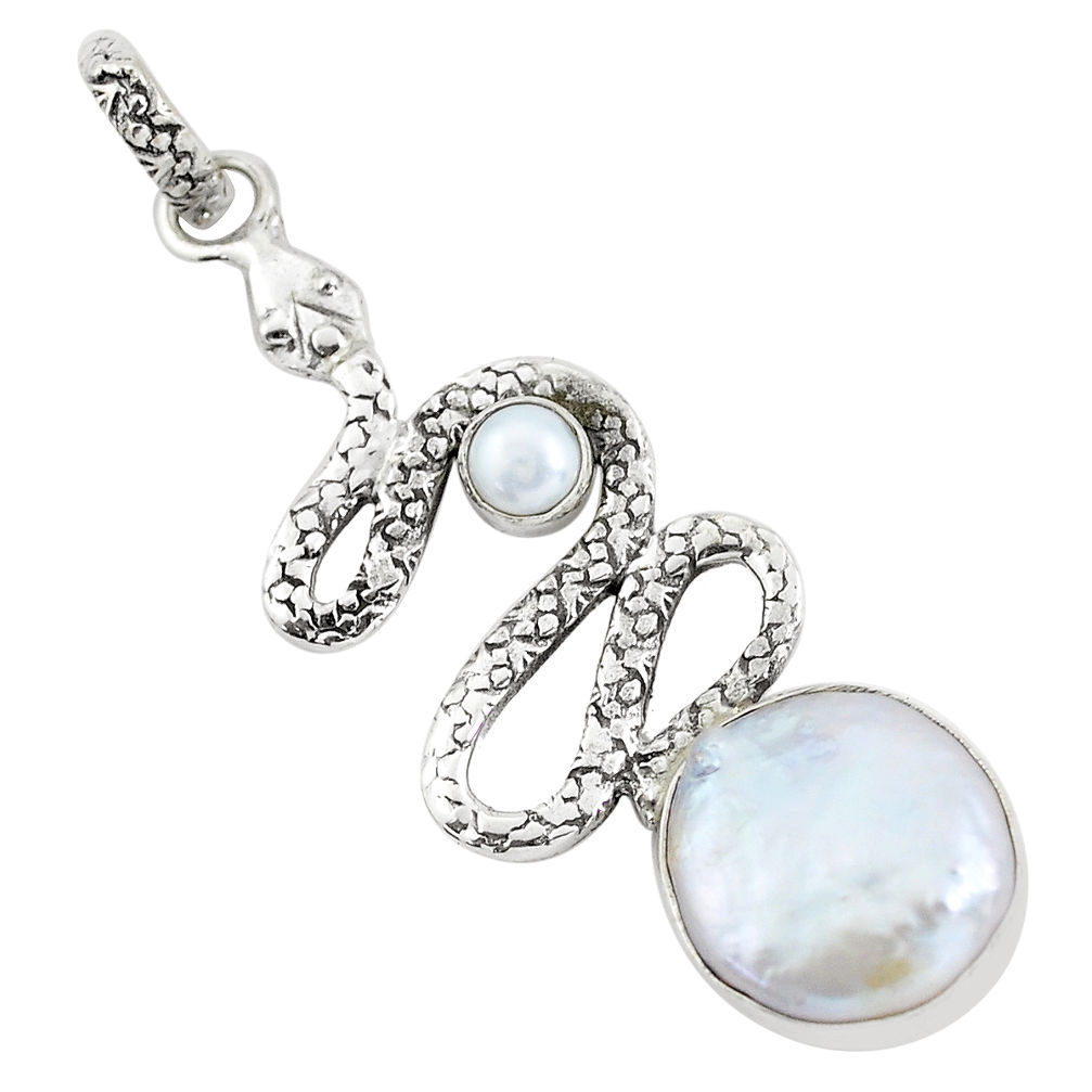 14.41cts natural white pearl 925 sterling silver snake pendant jewelry p58914