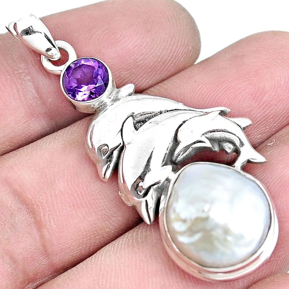 10.17cts natural white pearl amethyst 925 sterling silver dolphin pendant p42051