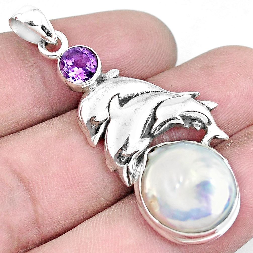 10.16cts natural white pearl amethyst 925 sterling silver dolphin pendant p42052