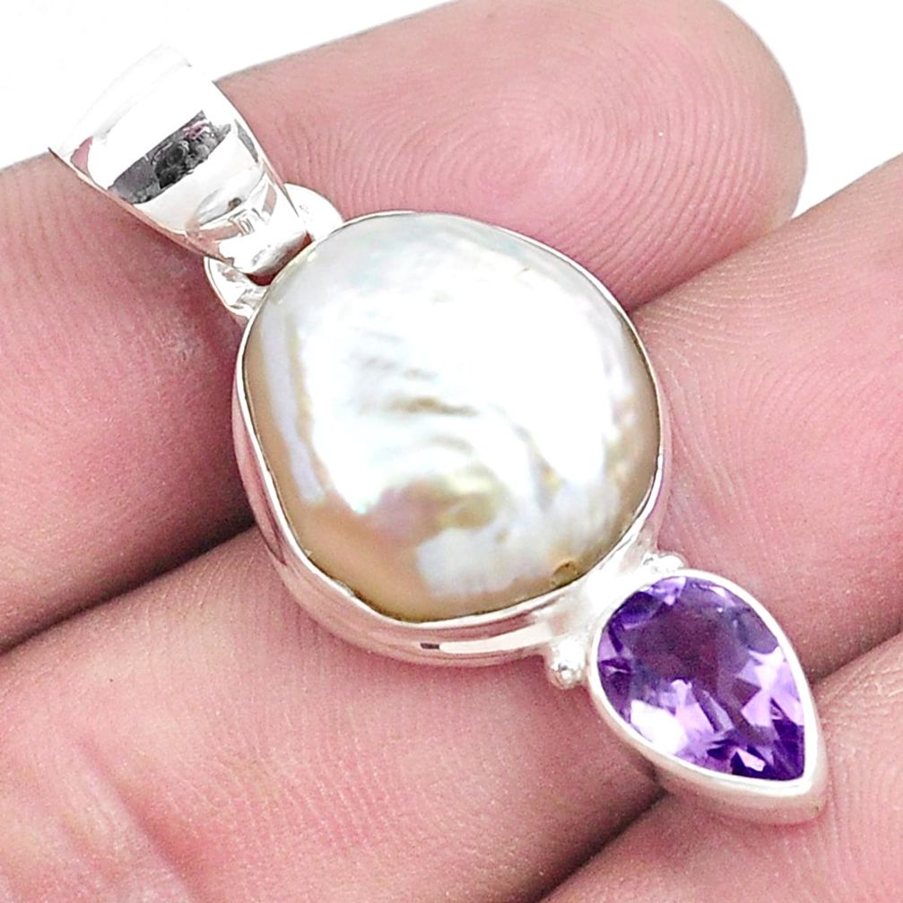 13.87cts natural white pearl amethyst 925 sterling silver pendant jewelry p49576