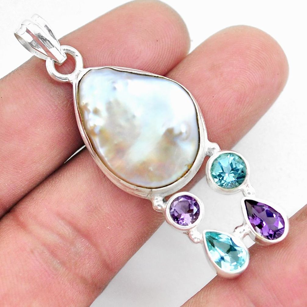 22.57cts natural white pearl amethyst topaz 925 silver pendant jewelry p59215