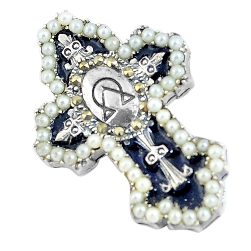 2.10cts natural white pearl enamel 925 sterling silver holy cross pendant c3014
