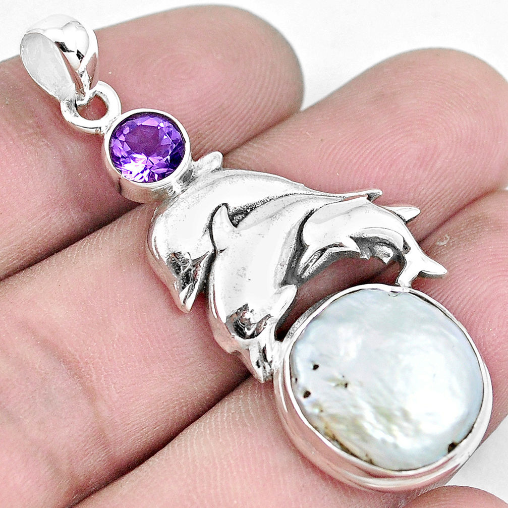 10.38cts natural white pearl purple amethyst 925 silver dolphin pendant p42047
