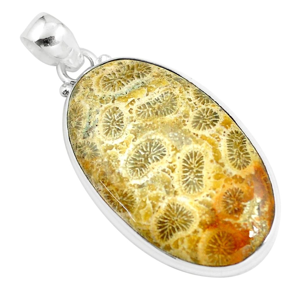 26.16cts natural yellow fossil coral petoskey stone 925 silver pendant d31744