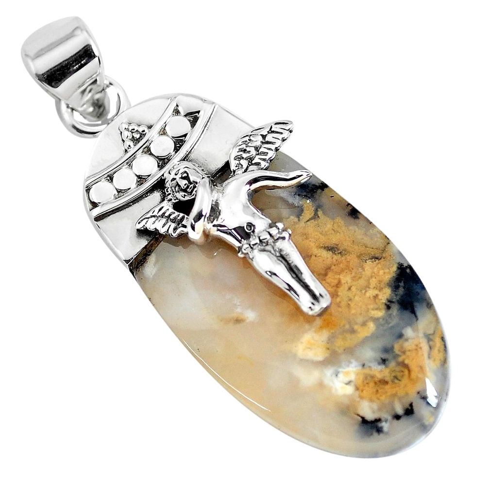 20.30cts natural yellow plume agate 925 silver angel wings fairy pendant p45390