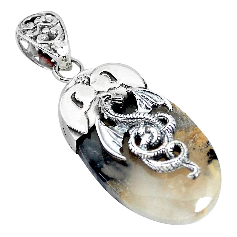 29.75cts natural yellow plume agate 925 sterling silver dragon pendant p45396