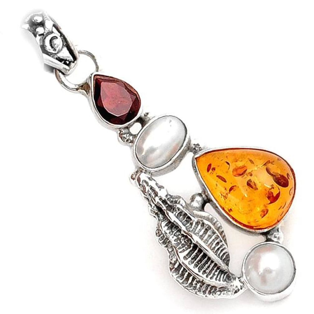 ORANGE AMBER GARNET PEARL 925 STERLING SILVER SNAIL SHELL PENDANT JEWELRY A1525