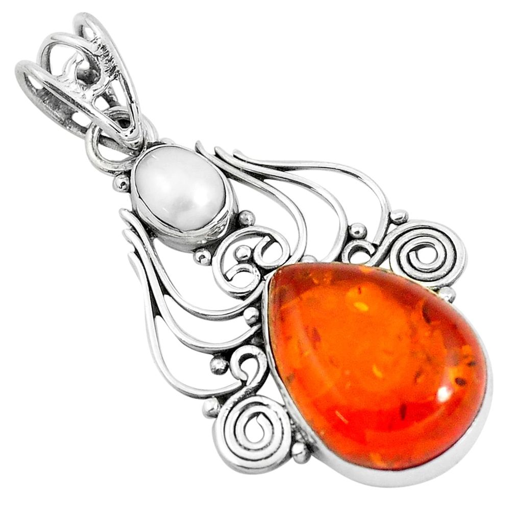 7.97cts orange amber white pearl 925 sterling silver pendant jewelry d31161
