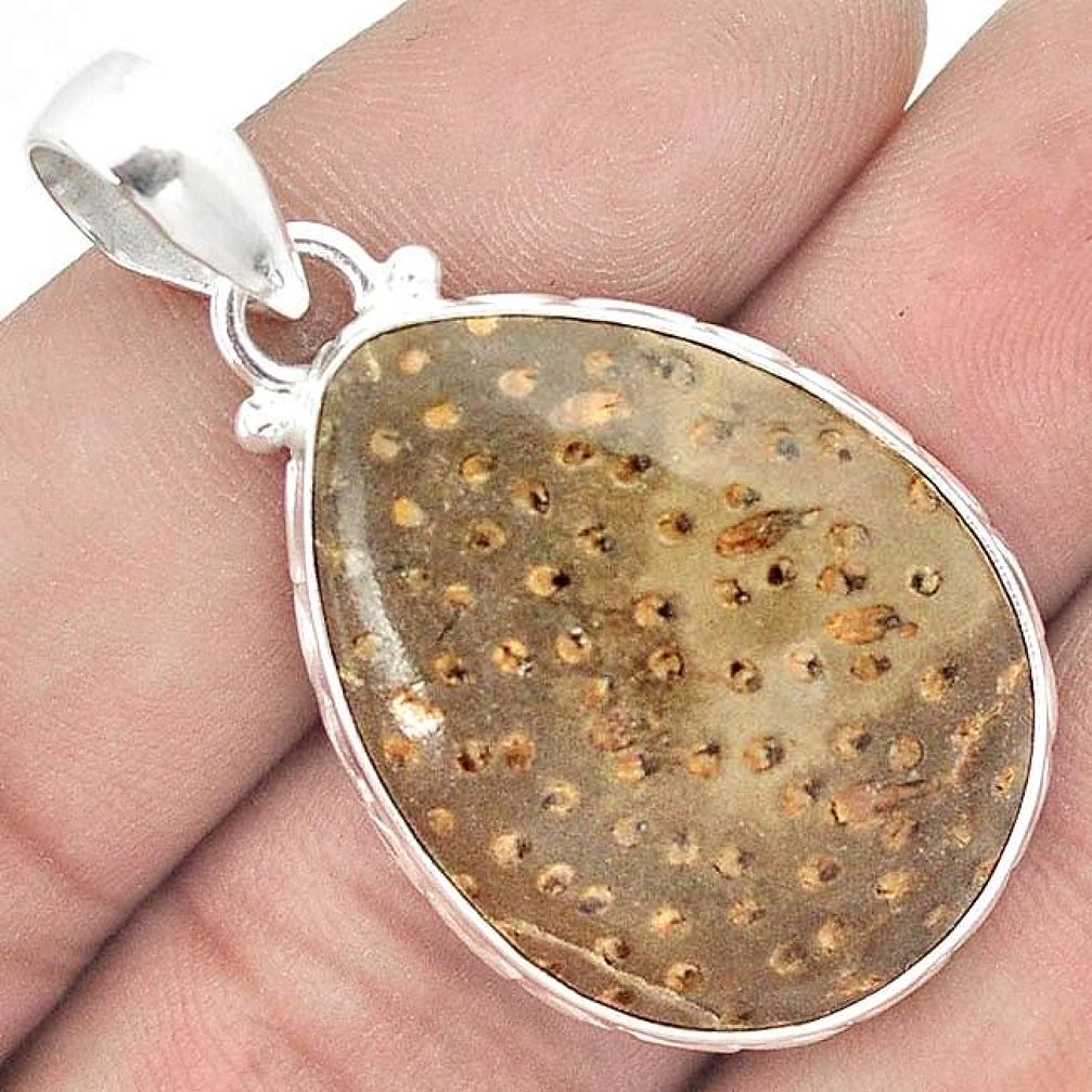 PEAR SHAPE NATURAL BROWN PLUM WOOD JASPER 925 STERLING SILVER PENDANT G88819