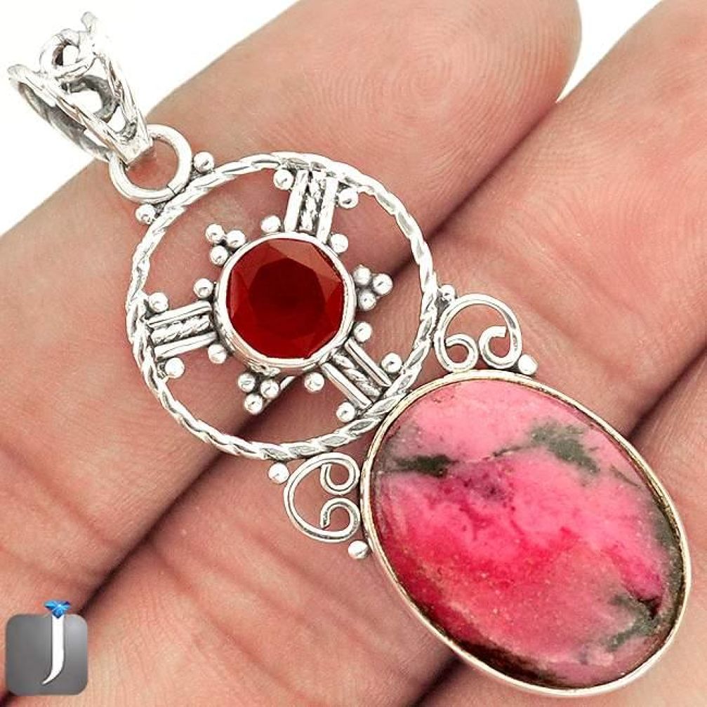 14.37cts PINK RHODONITE ONYX 925 STERLING SILVER PENDANT JEWELRY E7597