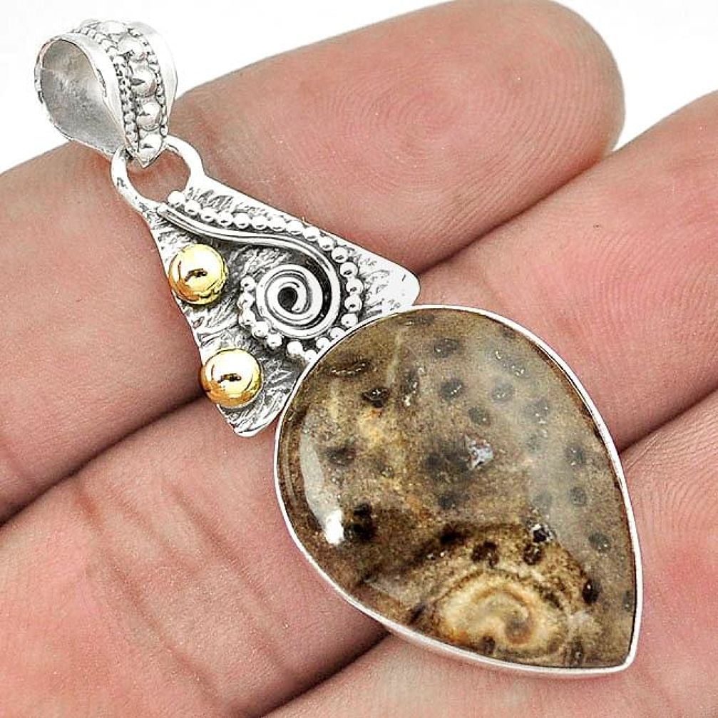 RARE NATURAL BROWN PLUM WOOD JASPER 925 SILVER 14K GOLD VICTORIAN PENDANT G92417