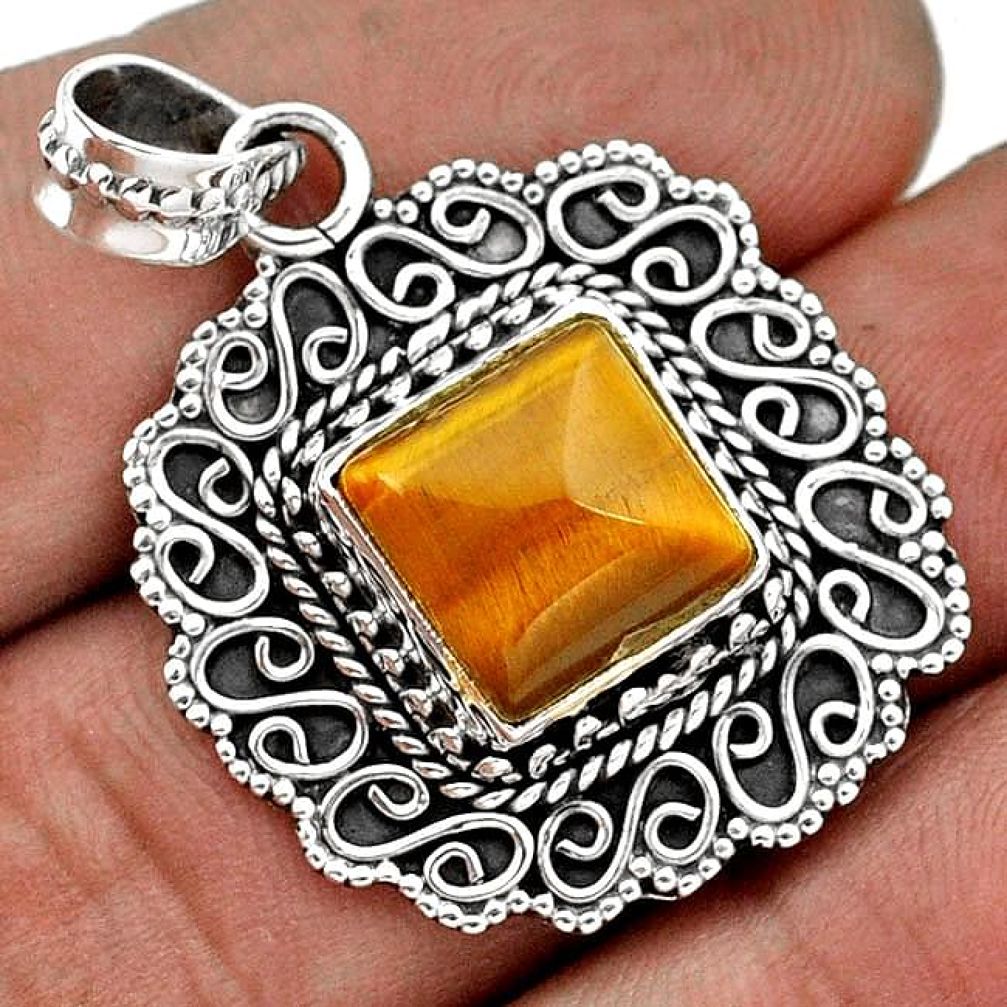 5.04cts RARE NATURAL BROWN TIGERS EYE 925 STERLING SILVER PENDANT JEWELRY G83980