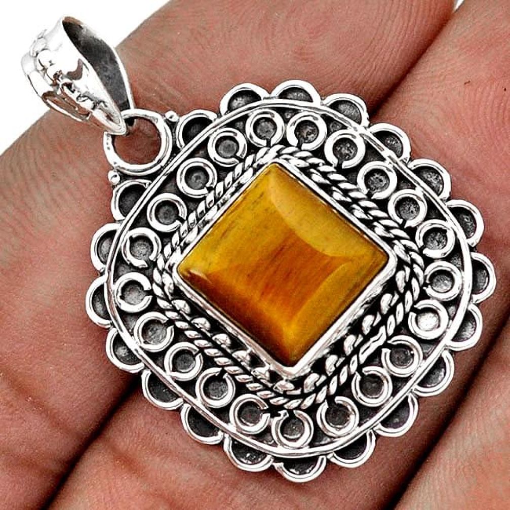 RARE NATURAL BROWN TIGERS EYE SQUARE 925 STERLING SILVER PENDANT JEWELRY G83946