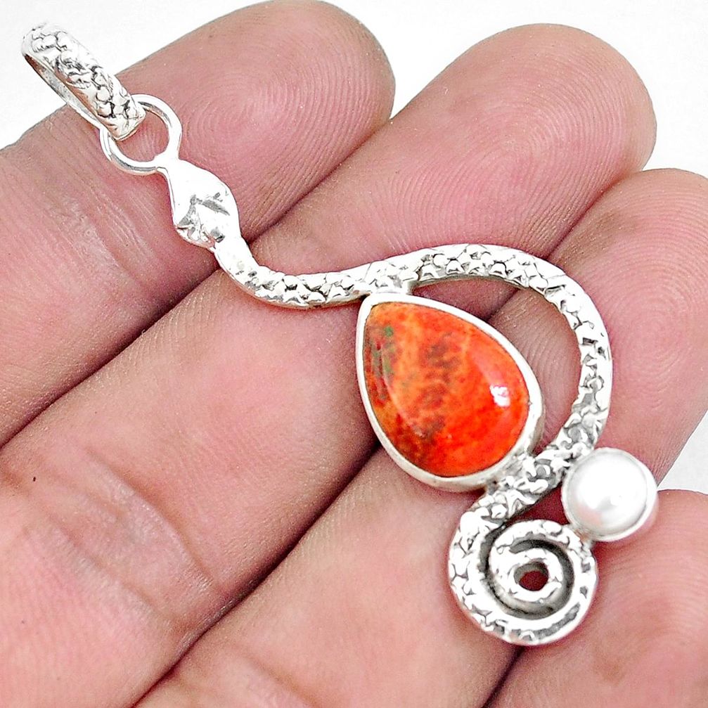 5.81cts red copper turquoise pearl 925 sterling silver snake pendant p49216