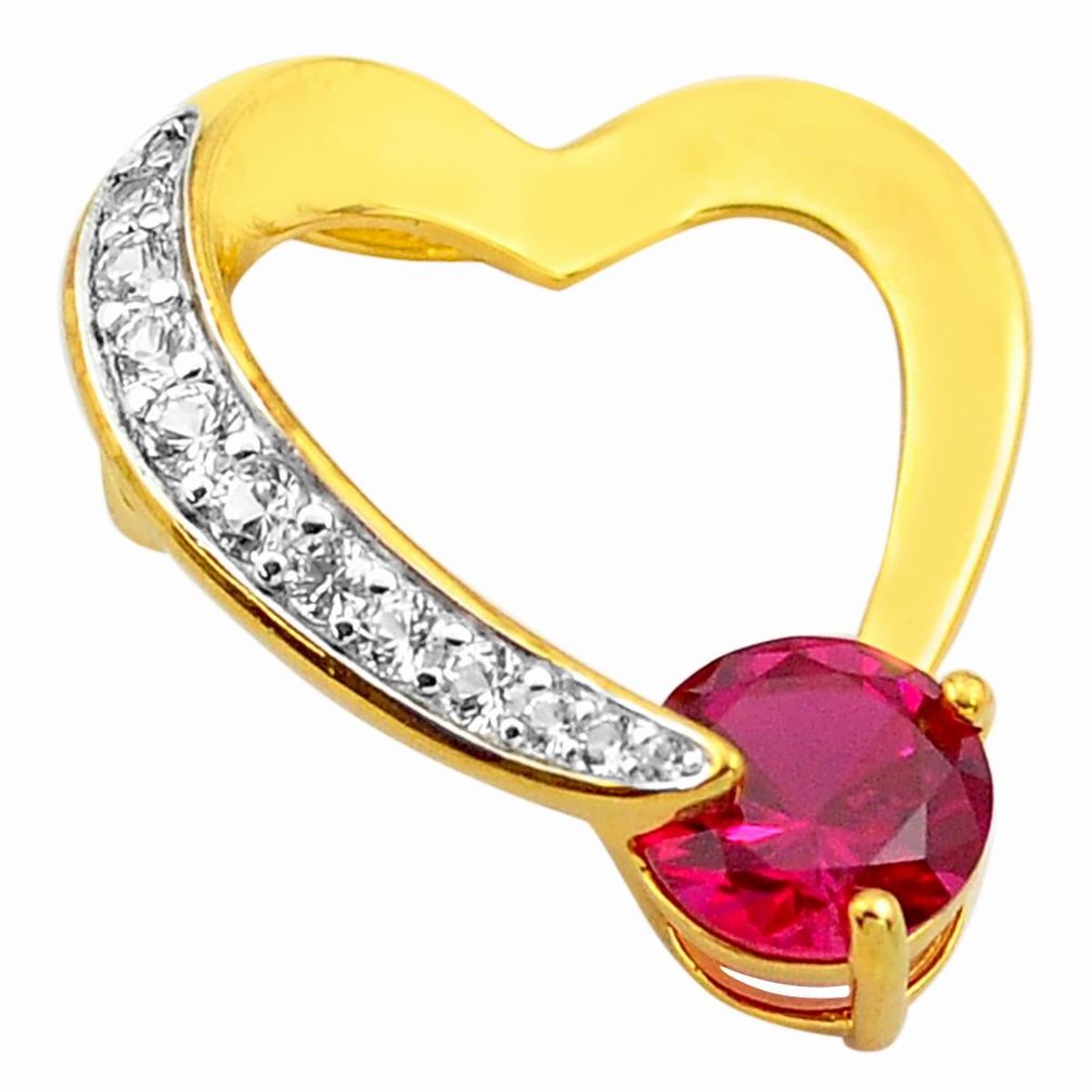 2.96cts red ruby (lab) topaz 925 sterling silver 14k gold heart pendant c4421