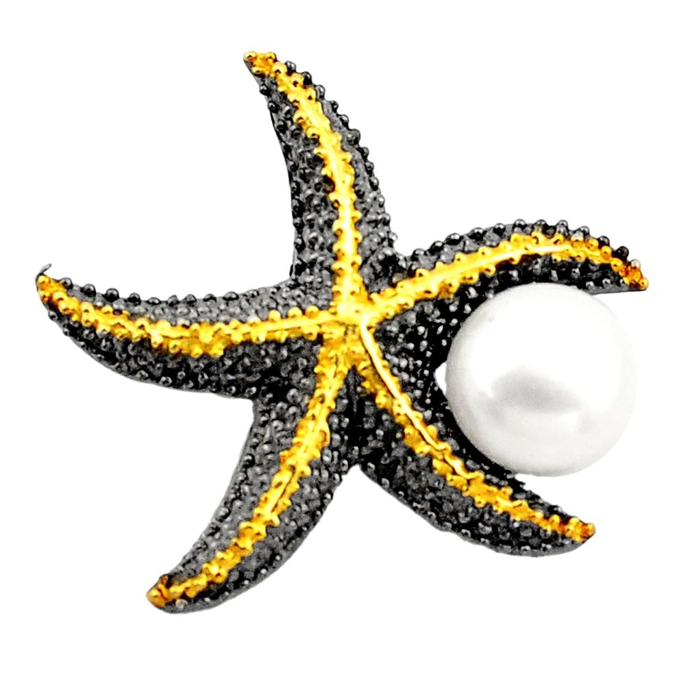 6.42cts rhodium natural white pearl 925 silver 14k gold star fish pendant c4737