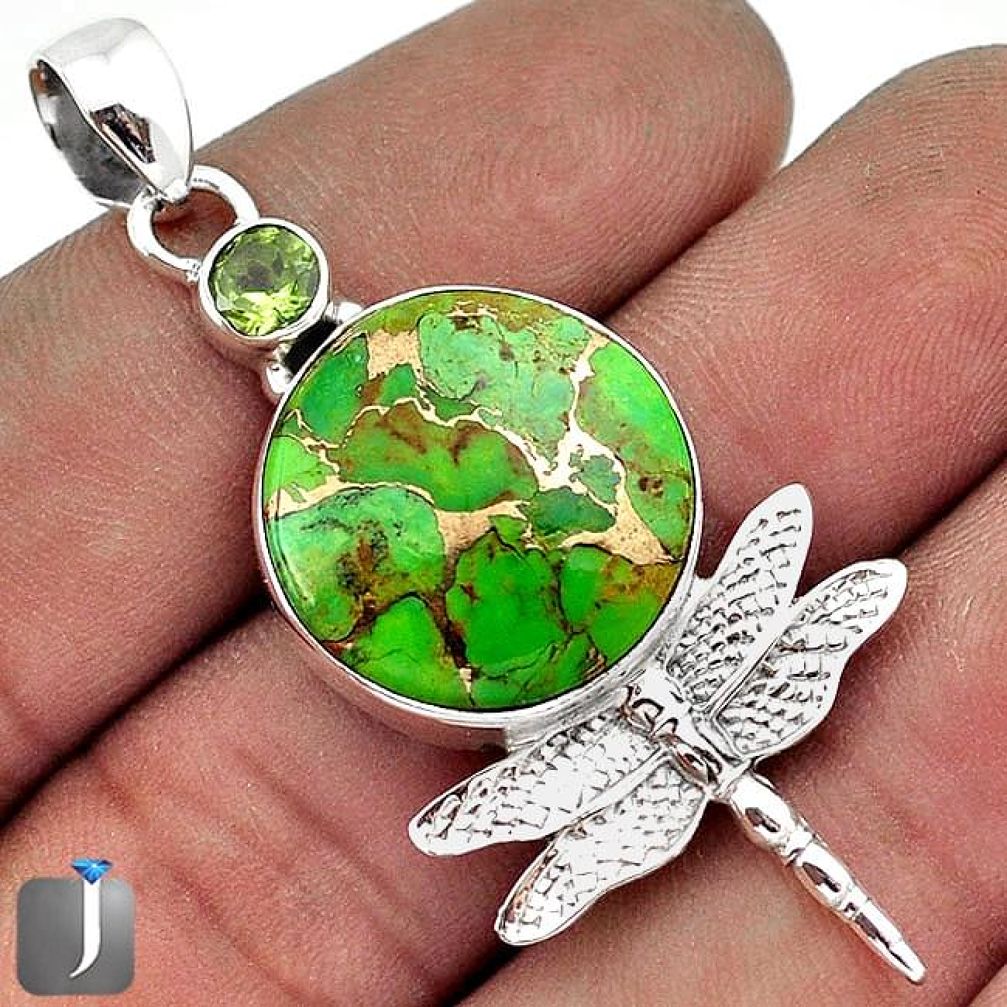 SASSY GREEN COPPER TURQUOISE PERIDOT 925 SILVER DRAGONFLY PENDANT JEWELRY G27832